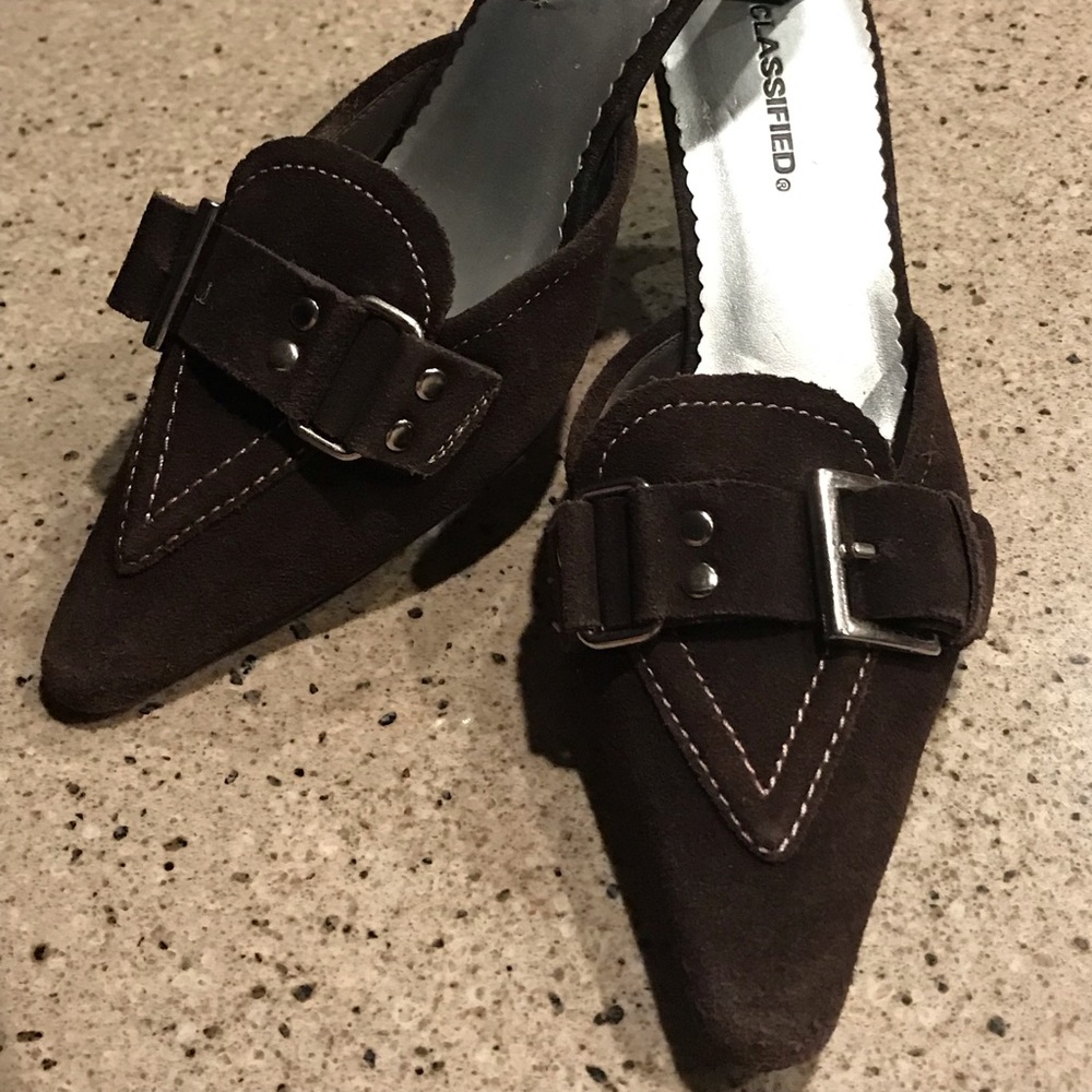 Classified Brown Suede Buckled Kitten Heels